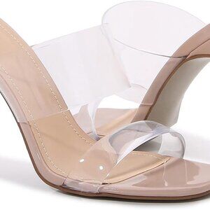 Women's Clear Heeled Sandals Square Toe Two Strap Mules High Heels